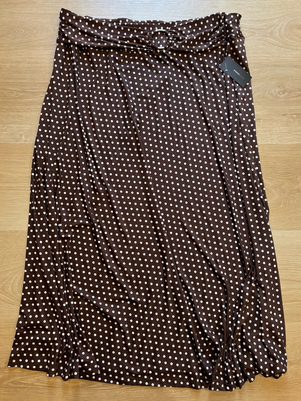 Robert Louis Brown Polka Dot Maxi Skirt with Ring Belt.  Size 3X